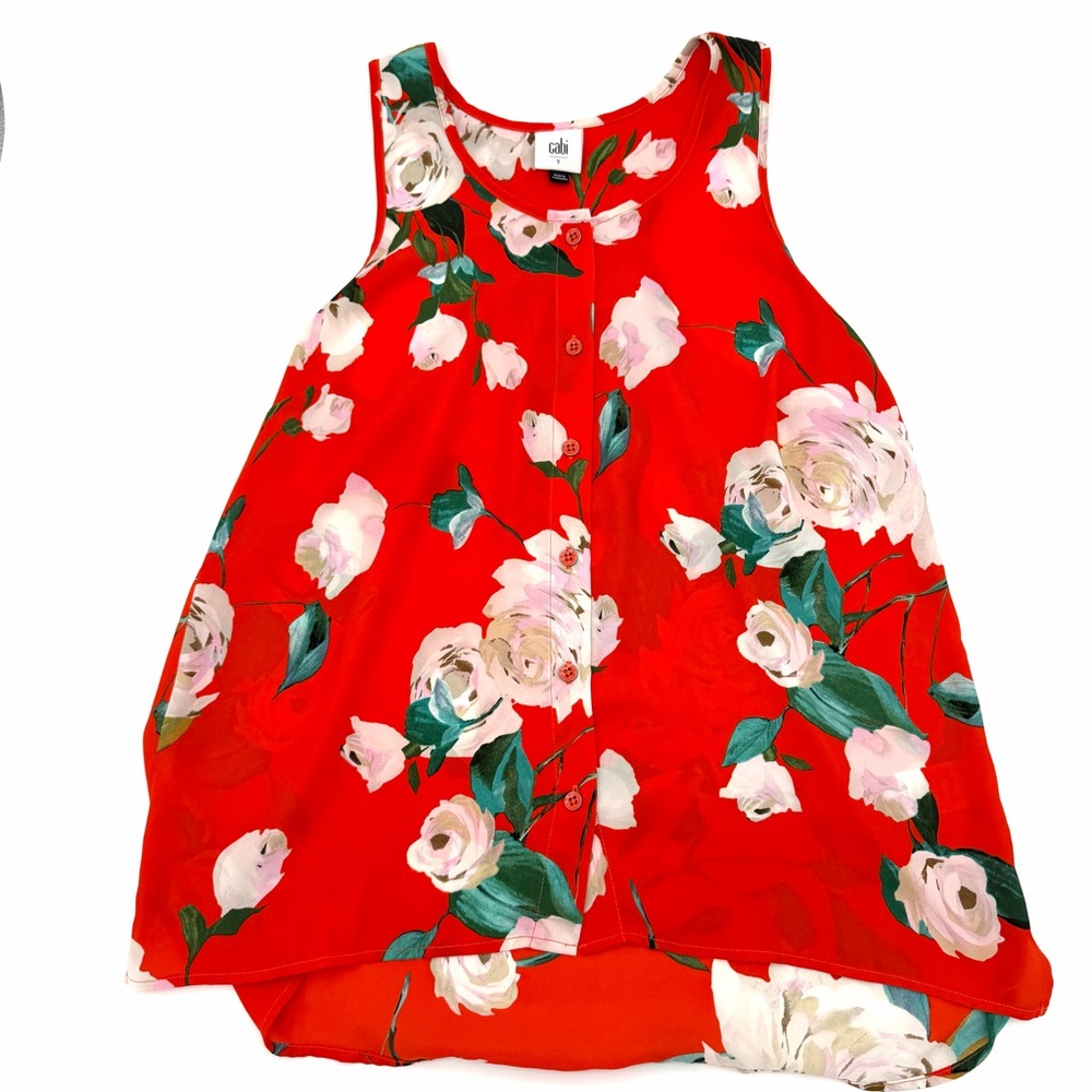 CAbi Women's Floral Red Sleeveless Silk Top Shirt Blouse Size Small Flowers